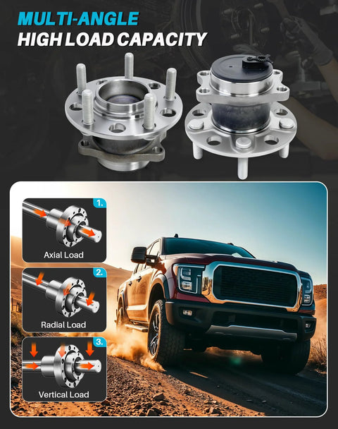 2 Pack Rear Wheel Bearing Hub Assembly Fits Avenger Caliber 2007-2012; shown with load capacity features and truck on dirt road