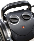 Close-up of the control knobs and handle on the Palma Electric Greenhouse Heater And Fan With Digital Thermostat, stainless steel