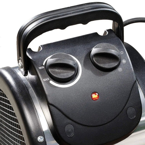 Close-up of the control knobs and handle on the Palma Electric Greenhouse Heater And Fan With Digital Thermostat, stainless steel