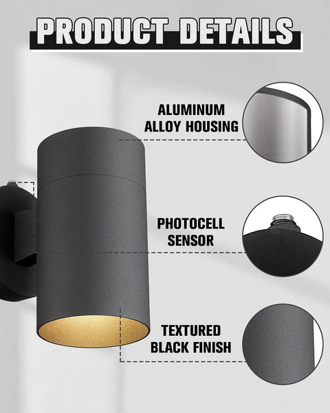 Product details showing Outdoor Wall Lights Dusk To Dawn 2 Pack With Photocell Sensor Waterproof Aluminum Exterior Sconces.