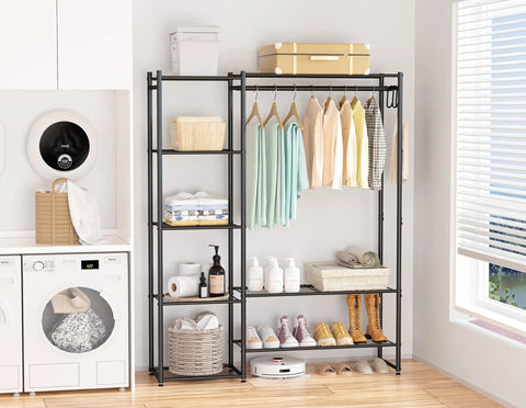 Sturdy Clothes Organizer And Storage Closet Rack With Hanging Rod And Four Shelves For Tops Coats Dresses And Accessories Space Saving Wardrobe Armoire in a bedroom setting
