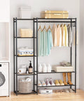 All In One Wardrobe Closet Organizer With Hanging Rod And Four Shelves Free Standing Portable Clothing Rack in laundry room.