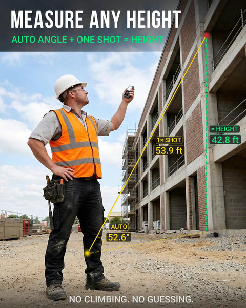 Construction worker using Dual Laser Distance Measuring Tool With Angle Sensor on building site, measures height up to 393 ft, IP54.