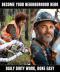 Two workers in safety gear; one using a saw, the other smiling, in an outdoor setting.