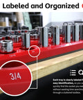 Six-Piece Magnetic Socket Organizer Set for SAE and Metric Sockets, 1/4, 3/8, 1/2 Inch Drives, labeled and organized sockets.