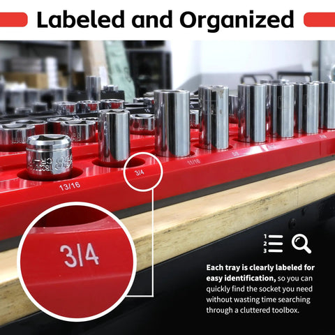 Six-Piece Magnetic Socket Organizer Set for SAE and Metric Sockets, 1/4, 3/8, 1/2 Inch Drives, labeled and organized sockets.