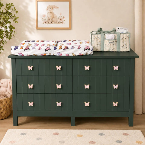 Six Pack Pink Butterfly Dresser Knobs For Bedroom Updates Sturdy Zinc Alloy Drawer Pulls on green dresser with baby items.