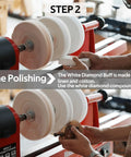 Woodworking Lathe Buffing System MT2 Mandrel 8 Inch Three Step Buffing Wheel Kit in use with white diamond compound for fine polishing.