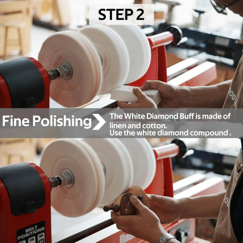 Woodworking Lathe Buffing System MT2 Mandrel 8 Inch Three Step Buffing Wheel Kit in use with white diamond compound for fine polishing.
