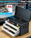 Three Drawer 22 Inch Portable Metal Tool Box With Heavy Duty Steel Build Dual Locking System Built In Drawer Lock Tool Chest Organizer For Workshop Garage And DIY Storage Rugged Tabletop Jobsite Toolbox with open drawers