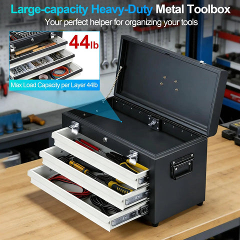 Three Drawer 22 Inch Portable Metal Tool Box With Heavy Duty Steel Build Dual Locking System Built In Drawer Lock Tool Chest Organizer For Workshop Garage And DIY Storage Rugged Tabletop Jobsite Toolbox with open drawers