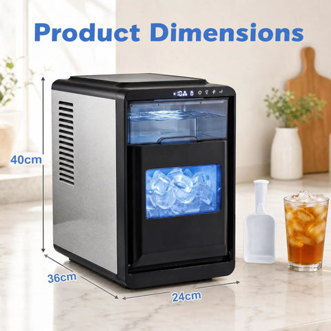 Compact Counter Top Ice Cube Machine Whips up 16 Crisp Crescent Cubes in Just 15 Mins, showing dimensions of 40cm height, 36cm depth, 24cm width.
