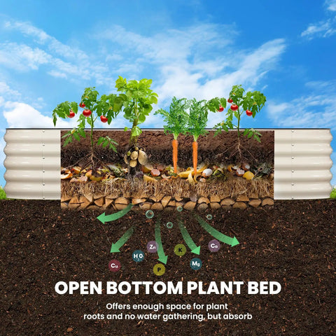 Cross-section of a Beefy Heavy Duty Galvanized Round Metal Raised Garden Bed 8 Ft Long By 2 Ft Wide By 1.5 Ft High Outdoor Planter Box Open Bottom Rust Resistant Steel For Vegetables Herbs Flowers Easy Assembly with visible plant growth and soil layers.