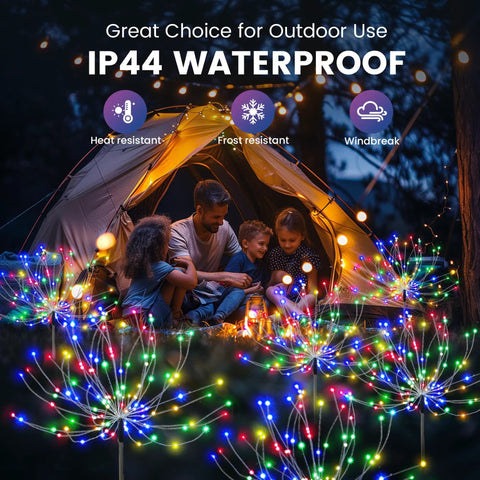 Family enjoying camping with Garden Decor Solar String Lights Outdoor 120 LED Colorful Fairy Lights Waterproof around a tent.