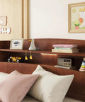 Solid Pine Wood Bed With Bookcase Headboard And Walnut Finish, built-in LED motion sensor light, kid books and toys displayed.