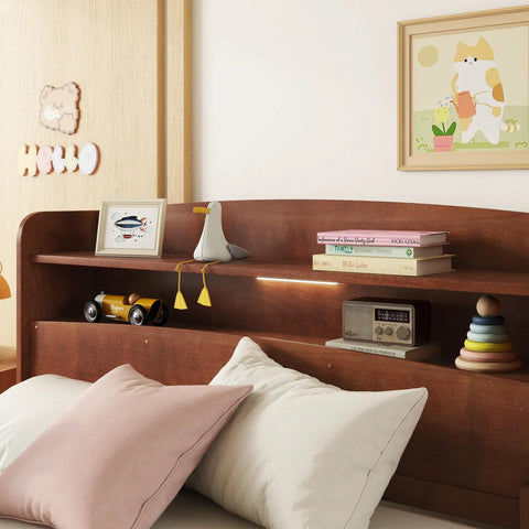 Solid Pine Wood Bed With Bookcase Headboard And Walnut Finish, built-in LED motion sensor light, kid books and toys displayed.