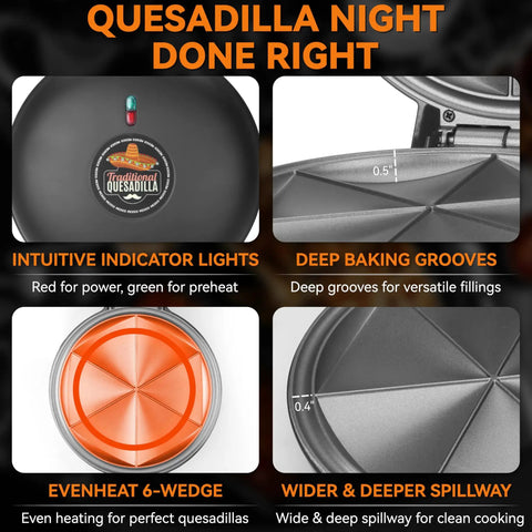 Bakers Friend Electric Quesadilla Maker 9.5 Inch extra stuffing indicator lights and baking grooves for easy meal prep.