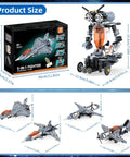 5 in 1 STEM RC Robot Building Kit With Fighter Jet Airplane Set displayed with box, sizes, and transformable plane models