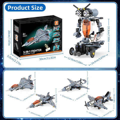 5 in 1 STEM RC Robot Building Kit With Fighter Jet Airplane Set displayed with box, sizes, and transformable plane models