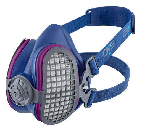 Elastomeric Half Mask Respirator With Source Control No Exhalation Valve Replaceable HEPA Filters Included Lightweight 4.5 oz Low Profile Filters For Tight Face Fit Size SM, front view.