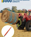49 Inch Hay Spear With 3000 Lbs Capacity Orange Powder Coated Bale Fork lifting large hay bale on tractor