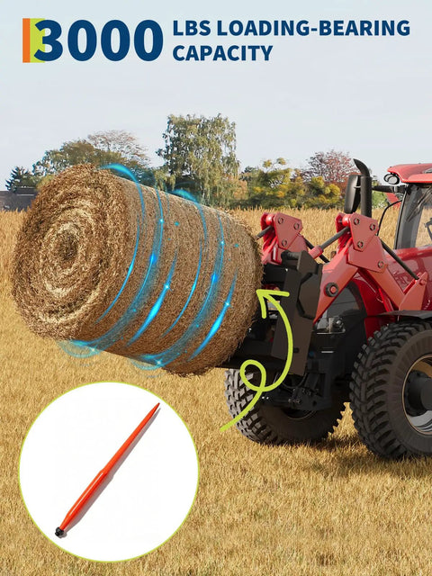 49 Inch Hay Spear With 3000 Lbs Capacity Orange Powder Coated Bale Fork lifting large hay bale on tractor
