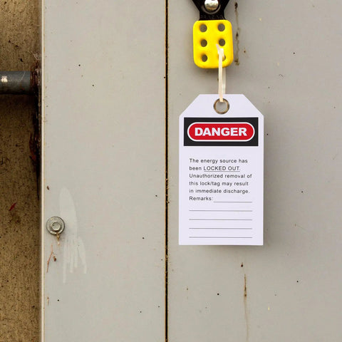 10 Piece Equipment Repair Tags PVC And Metal Lockout Hanging Tags for safety service on a cabinet door