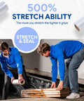 Two men using Four Pack 18 Inch Heavy Duty Stretch Wrap For Moving Day 1200 Feet Per Roll Clear Self Adhesive Packing Film to secure wooden planks.