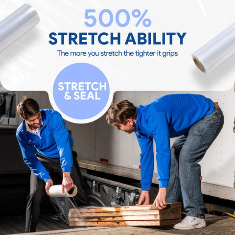 Two men using Four Pack 18 Inch Heavy Duty Stretch Wrap For Moving Day 1200 Feet Per Roll Clear Self Adhesive Packing Film to secure wooden planks.