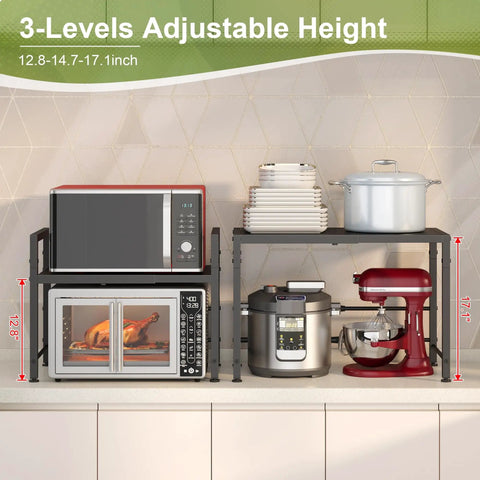 Expandable Metal Storage Shelf Organizer For Pantry Kitchen And Garage, Heavy Duty 120 Lb Shelving Units on countertop with appliances