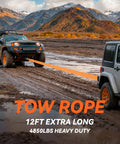 Two off-road vehicles using a 12ft extra long, 4850lbs heavy duty tow rope on muddy terrain with mountains in the background.