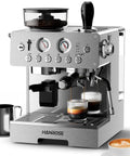 Straight Up Premium Espresso Machine With Built In Grinder And 20 Bar Pump Serving Rich Crema And Exact Temp Control Featuring Solid Stainless Steel Build, close-up angle with coffee brewing.