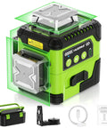 Pro Grade Laser Level 360 Self Leveling with Digital Angle Screen and green cross line, case, accessories displayed