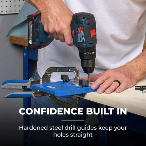 Man using Portable Cabinet Hardware Jig With Edge Guide For Knobs And Small Pulls, Boss Level Accuracy For Straight Hole Drilling