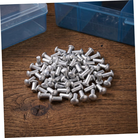 200 Pcs Solid Aluminum Dome Head Rivets M5x10 arranged on a wooden surface, used for DIY projects and workshop builds.