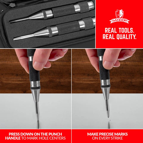 Pro Grade Automatic Center Punch With Hardened Steel Body And Knurled Grip Adjustable Tension Stroke shown in use for precise marks