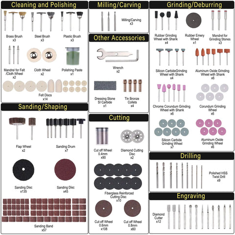 619 Piece Rotary Tool Accessories Kit With One Eighth Inch Shanks For Easy Drilling Cutting Grinding Sanding Sharpening Carving Polishing Includes Drill Bits Sanding Discs Bands Polishing Wheel Wire Brush Diamond Wheel HSS Cutters Mandrels For DIYers displayed with labeled sections for each accessory type