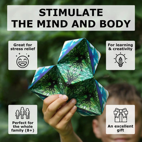 Hand holding Shape Shifting Puzzle Box With Ultra Strong Magnets Dope STEM Fidget Toy That Transforms Into Over 100 Shapes