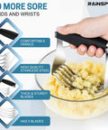 Pro Grade Heavy Duty Pastry Blender With Stainless Steel Blades and Wire Dough Cutter in use with mesh potatoes in glass bowl