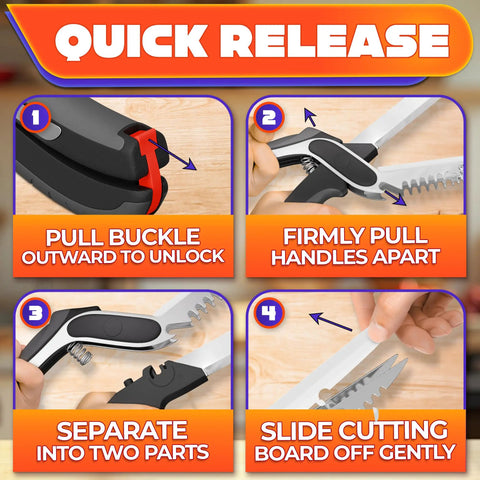 Six In One Kitchen Scissors With Built In Knife Blade Mini Cutting Board Opener Tenderizer And Lock Dishwasher Safe Spring Assist, quick release steps