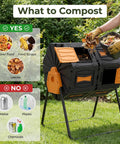 Dual Chamber 45 Gallon Compost Tumbler For Outdoor Use, No-Fuss Batch System, Easy Assembly, shown in use with food scraps