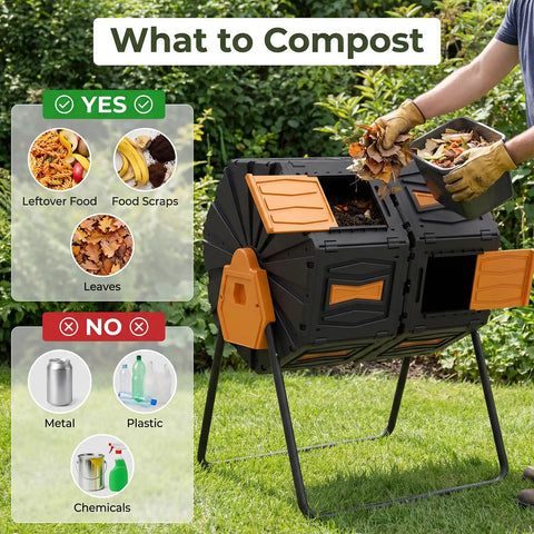 Dual Chamber 45 Gallon Compost Tumbler For Outdoor Use, No-Fuss Batch System, Easy Assembly, shown in use with food scraps