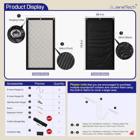 Product display for Straight Up Premium Soundproof Curtains For Bedroom, outlining features like Velcro and hanging holes.