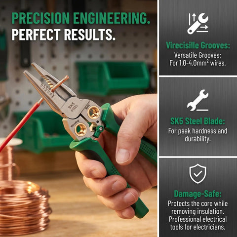 Heavy Duty 8 In 1 Wire Stripper And Voltage Tester With Beast Mode Crimping Pliers And Wire Twister used on copper wire for efficient stripping.