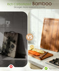 Top Shelf Deep Carbonized Bamboo Cutting Board With Sturdy Wood Storage Stand showing comparison of damaged and new cutting boards.
