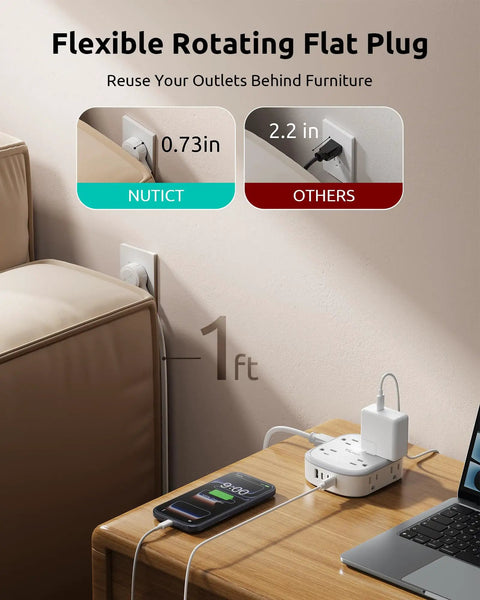 360 Degree Rotating Flat Plug Surge Protector Power Strip With 1 Foot Extension Cord showing flat plug design for tight spaces.