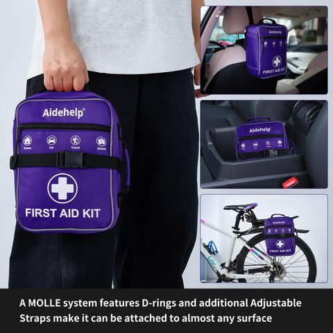 Premium 520 Piece First Aid Kit Large Emergency Medical Kit purple with MOLLE straps for car, bike, and backpack use