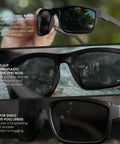 Kickass Z87 Certified Wayfarer Safety Sunglasses Featuring Hella Effective Antifog Smoke Lenses And Totally Shatterproof Matte Black Frames Built Tough For Male Workers, detailed view showing frames and anti-slip nose pads.