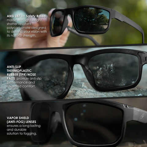 Kickass Z87 Certified Wayfarer Safety Sunglasses Featuring Hella Effective Antifog Smoke Lenses And Totally Shatterproof Matte Black Frames Built Tough For Male Workers, detailed view showing frames and anti-slip nose pads.
