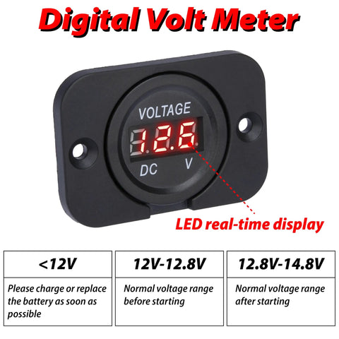 Straight Shooter DC 12V And 24V Digital Volt Gauge Meter with LED display and voltage range indicators.